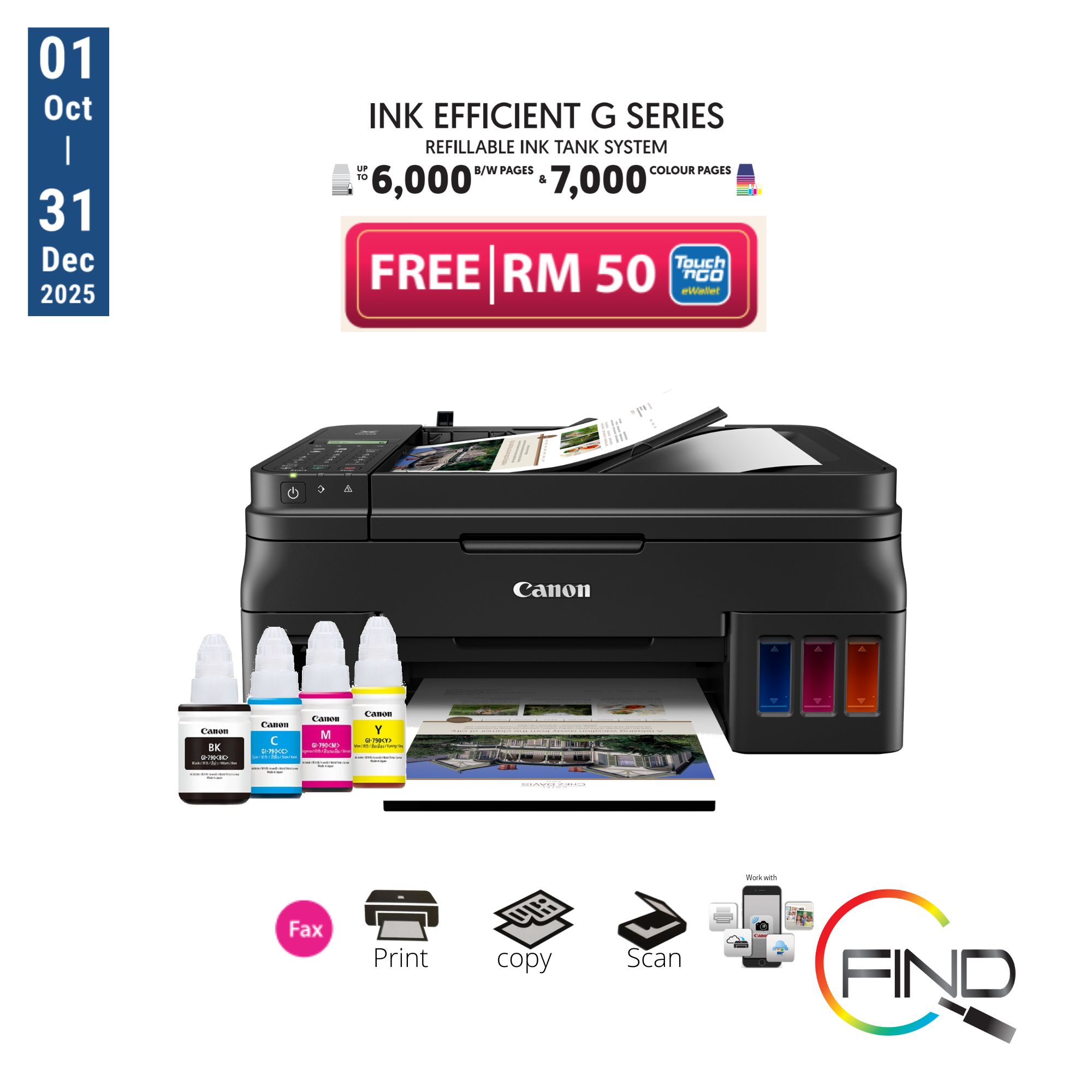 CANON PIXMA G4010 AIO ALL IN ONE (PRINT/SCAN/COPY/FAX) REFILLABLE INK TANK SYSTEM with ADF FAX WIFI PRINTER