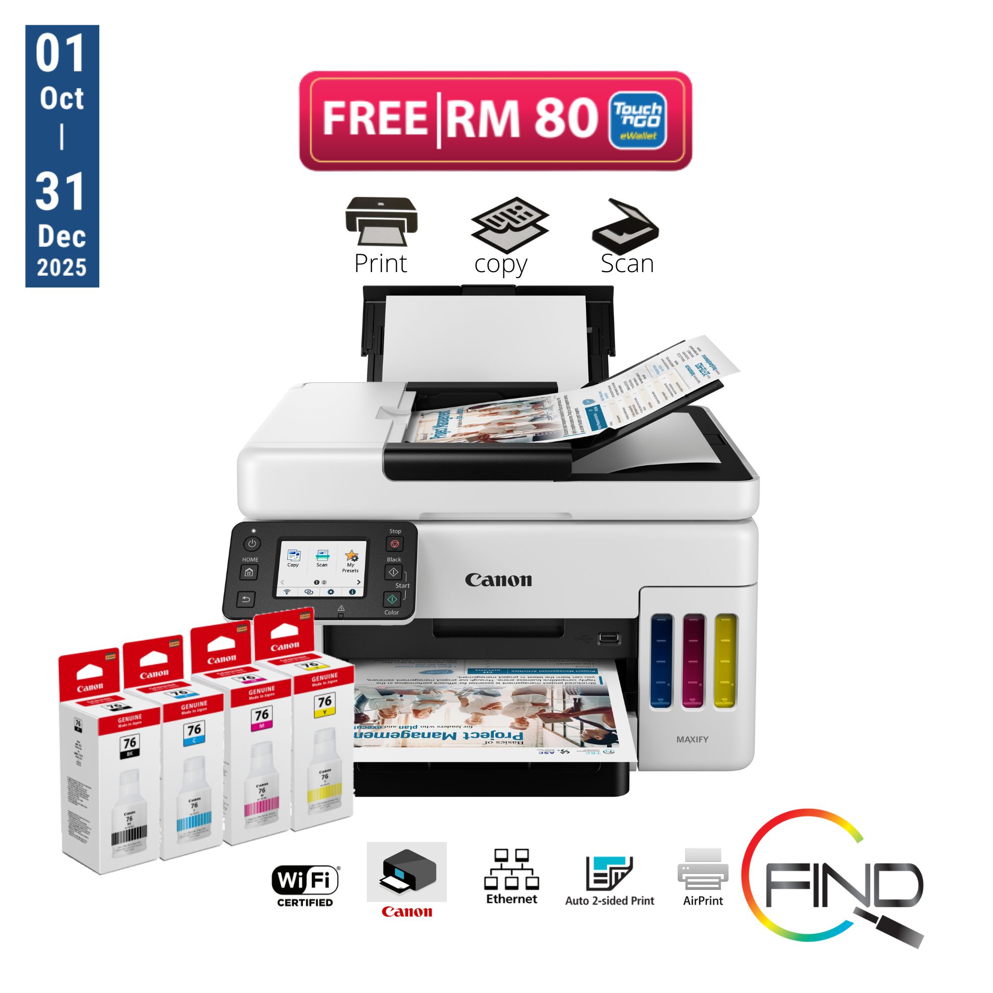 Canon MAXIFY GX6070 AIO Easy Refillable Ink Tank for High Volume Printing (Copy/Print/Scan/Duplex/Airprint)