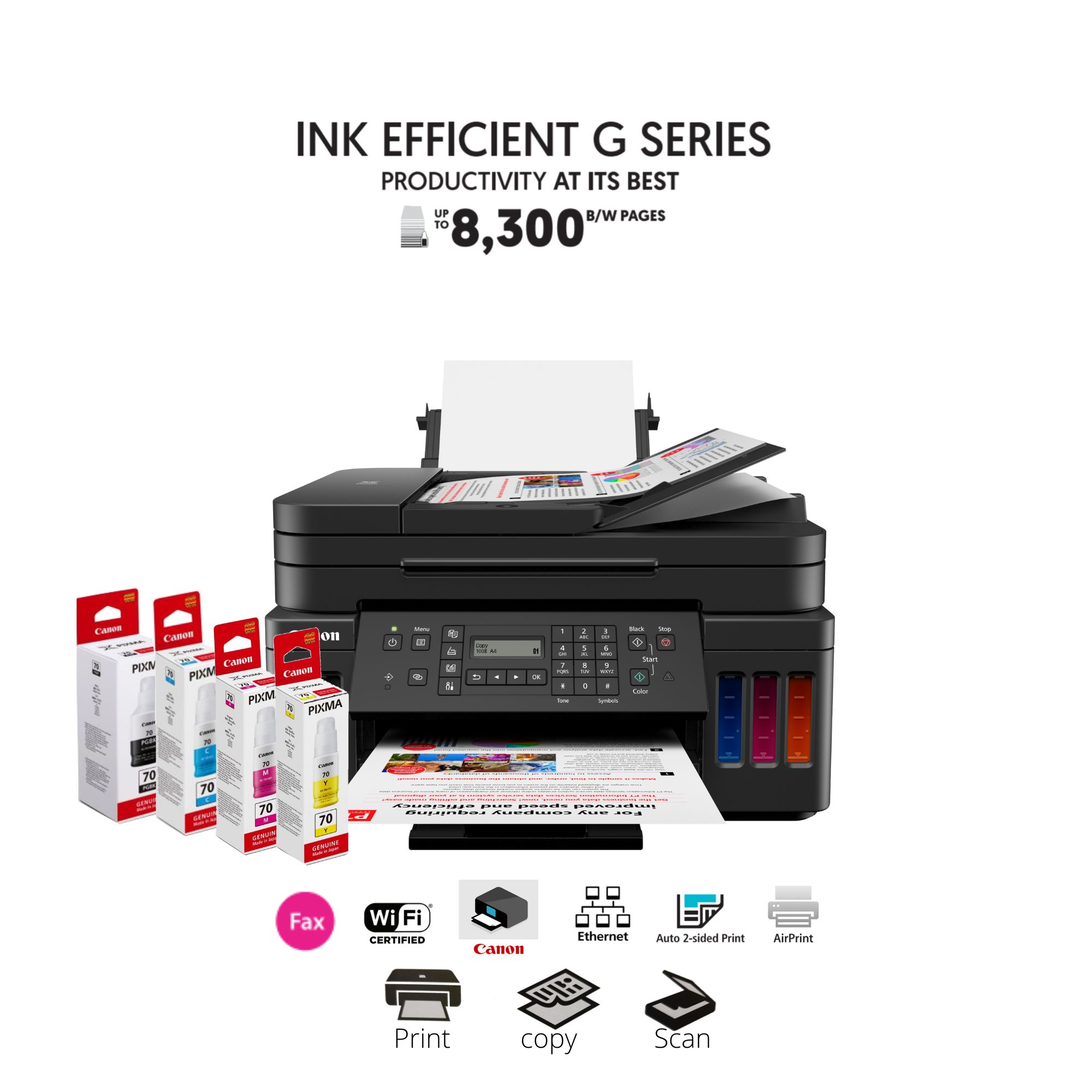 Canon PIXMA G7070 AIO All-In-One with Fax (Print/Scan/Copy/Fax) Refillable Ink Tank System Wireless Network Printer for High Volume Printing