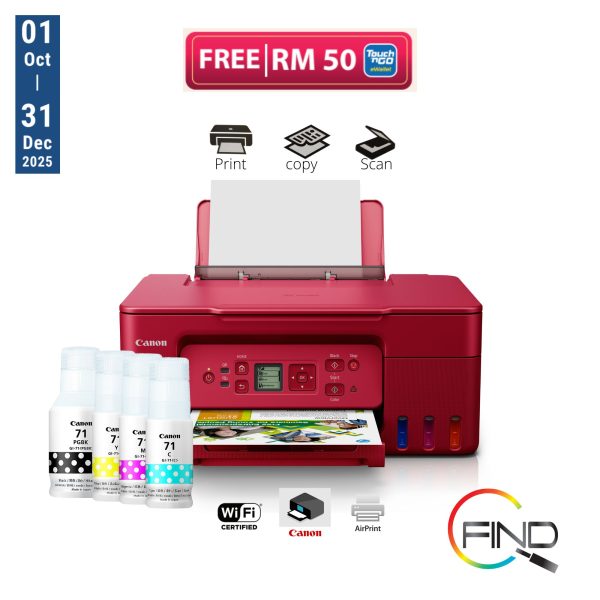 Canon PIXMA G3770 AIO A4 Printer (Red) Print/Scan/Copy Wireless Refillable Ink Tank Printer with Low-Cost Printing