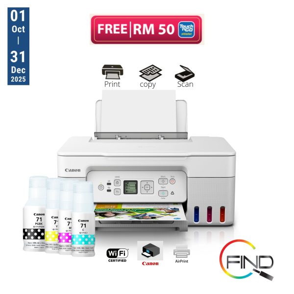 Canon PIXMA G3770 AIO A4 Printer (White) Print/Scan/Copy Wireless Refillable Ink Tank Printer with Low-Cost Printing