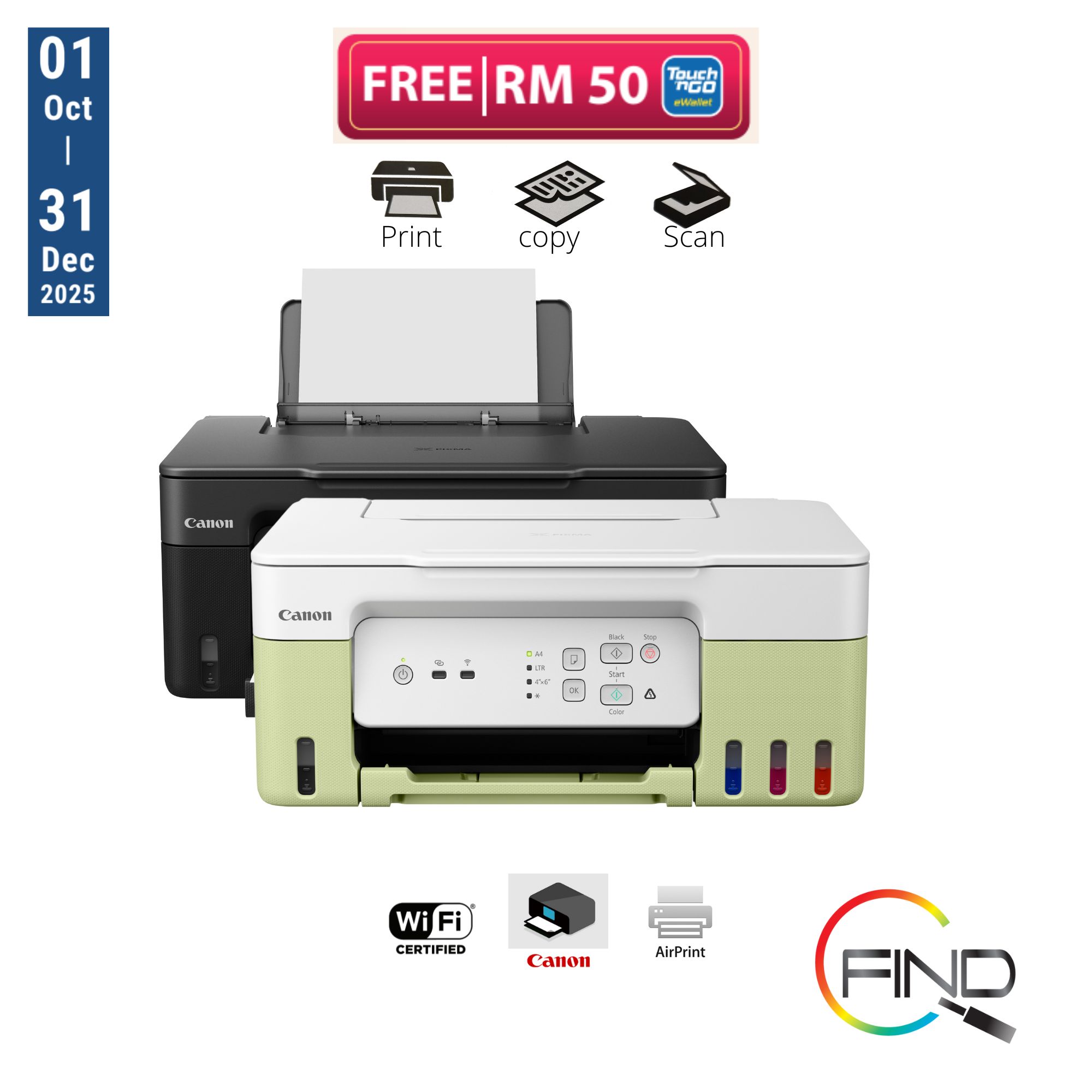 Canon PIXMA G3730 Black/Yellow GR 3 in 1 AIO Print/Scan/Copy Refill Ink Tank with Wi-Fi wireless Printer(Support Mac Os)