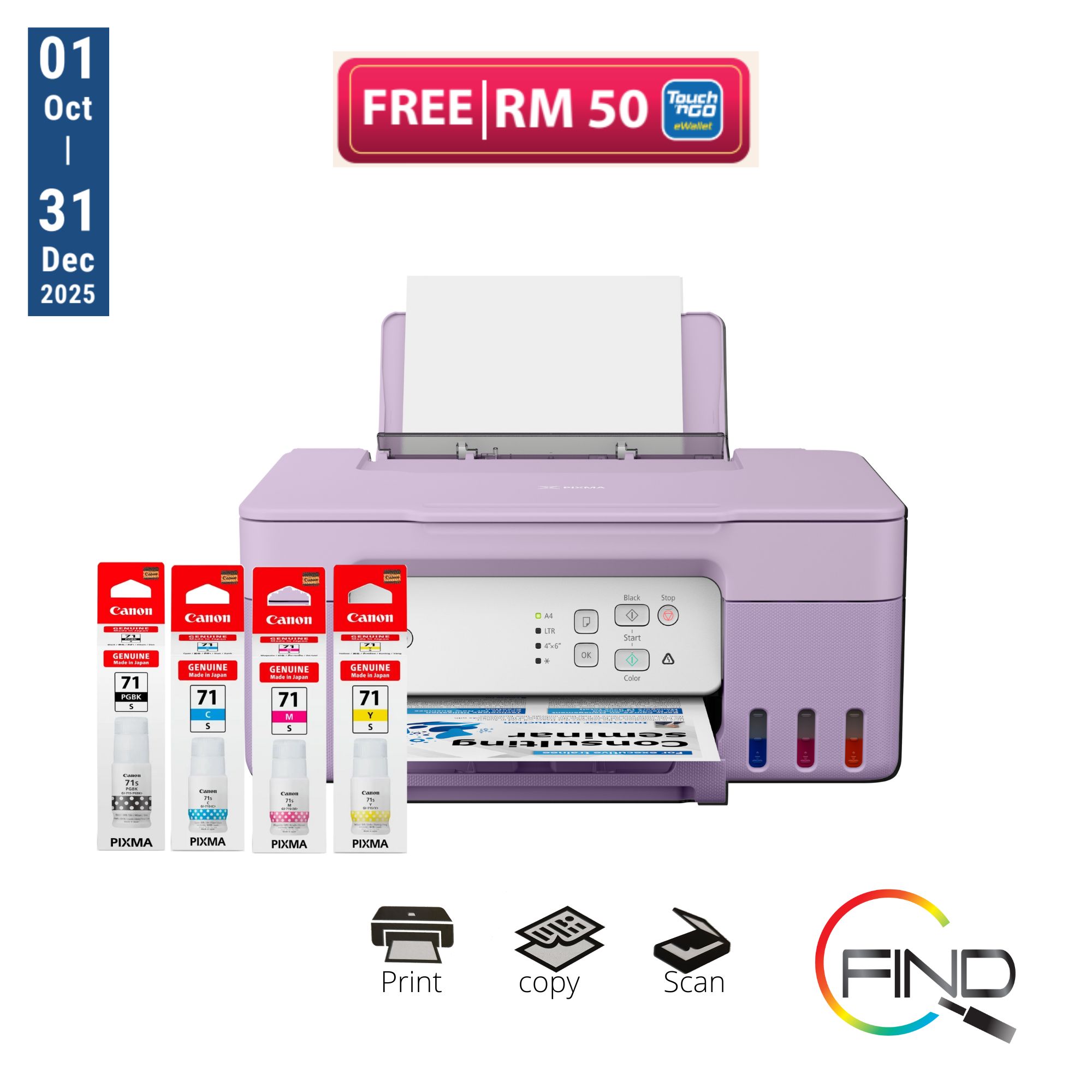 Canon PIXMA G2730 Purple 3 in 1 AIO Print/Scan/Copy Refill Ink Tank Printer