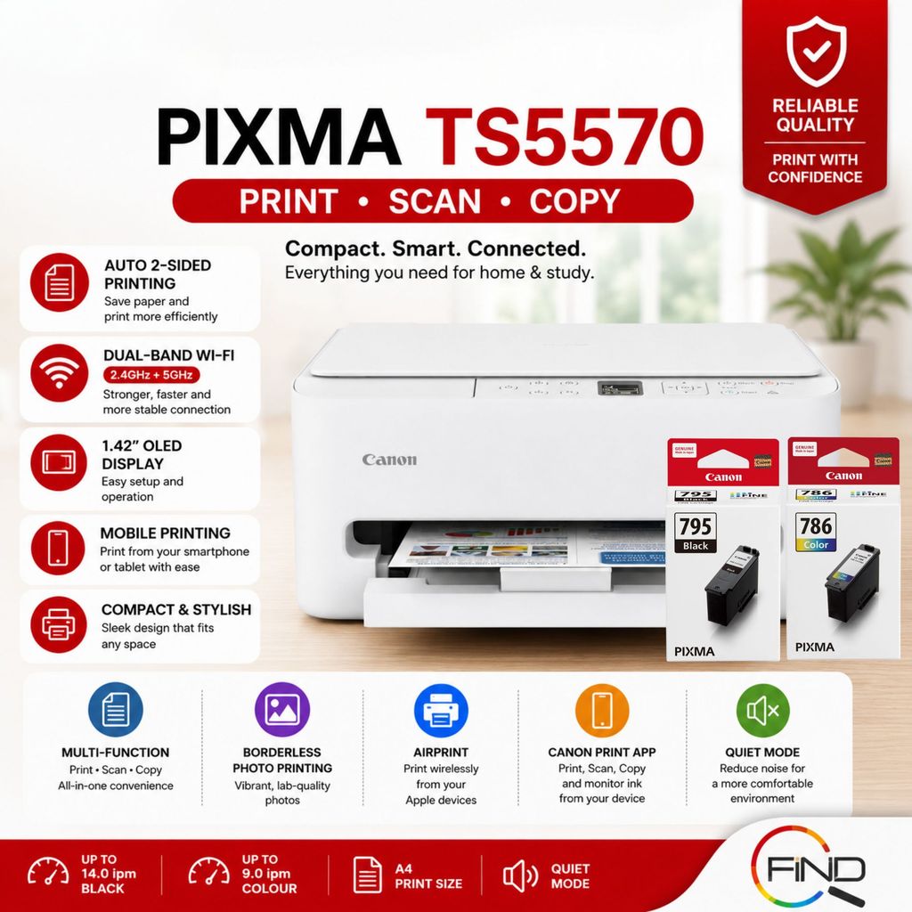 Canon PIXMA TS5570 AIO Wireless Inkjet Printer | Scan, Copy, Print | Auto Duplex | Mobile Print | AirPrint | Auto Duplex