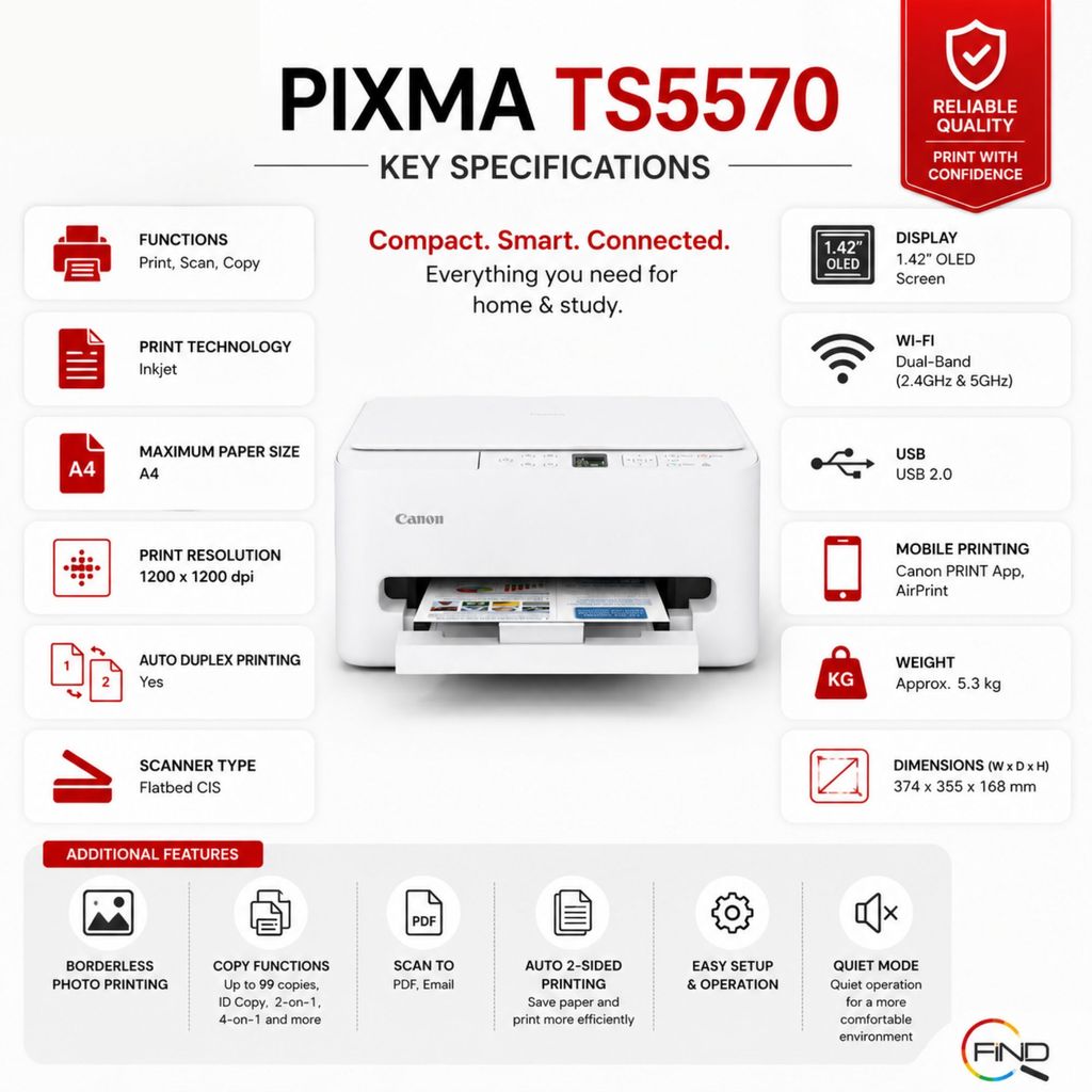 Canon PIXMA TS5570 AIO Wireless Inkjet Printer | Scan, Copy, Print | Auto Duplex | Mobile Print | AirPrint | Auto Duplex - Image 4